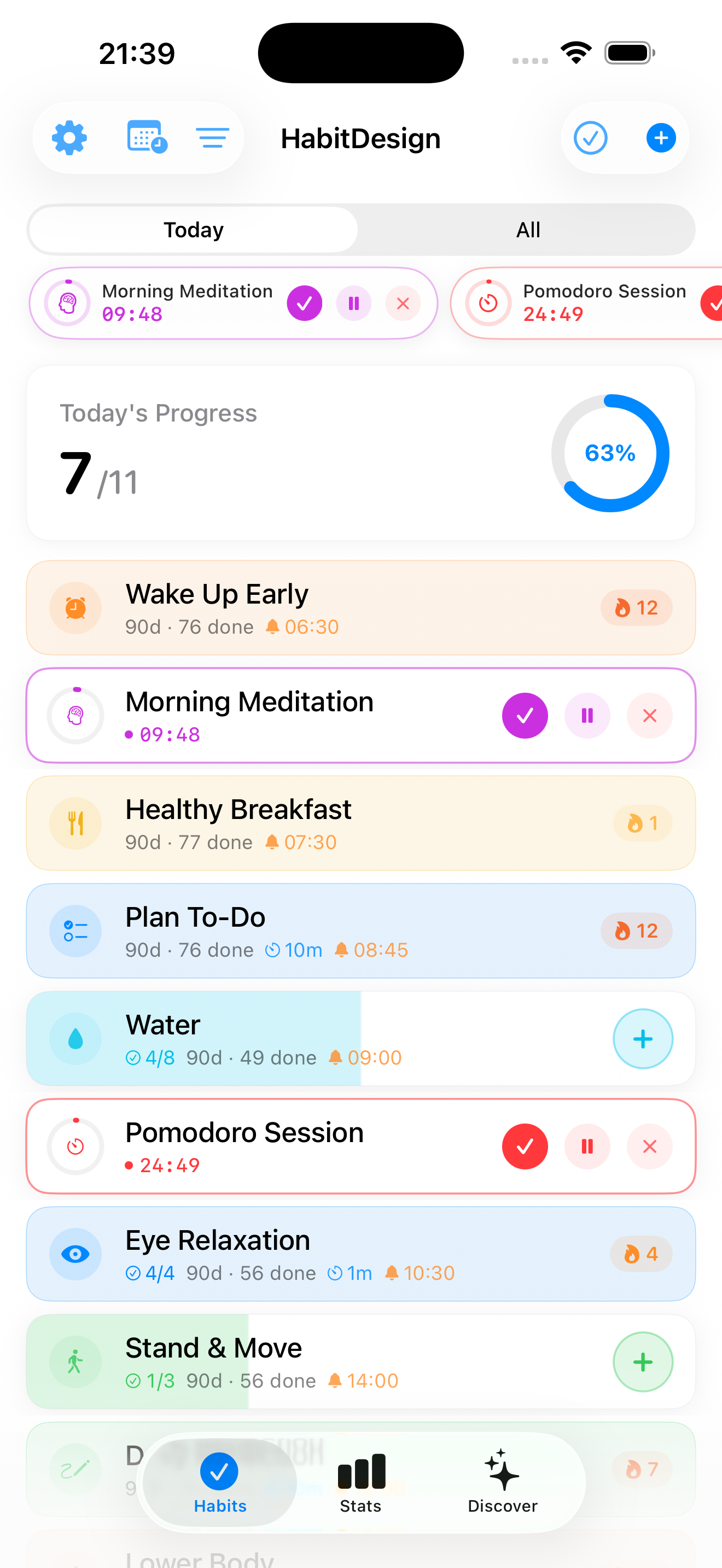 Habit list with streak flame colors