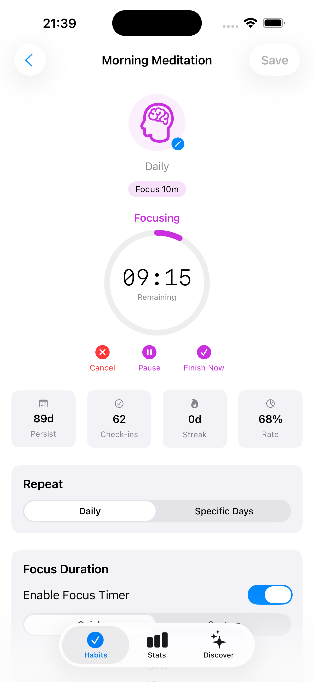Habit detail with streak and history